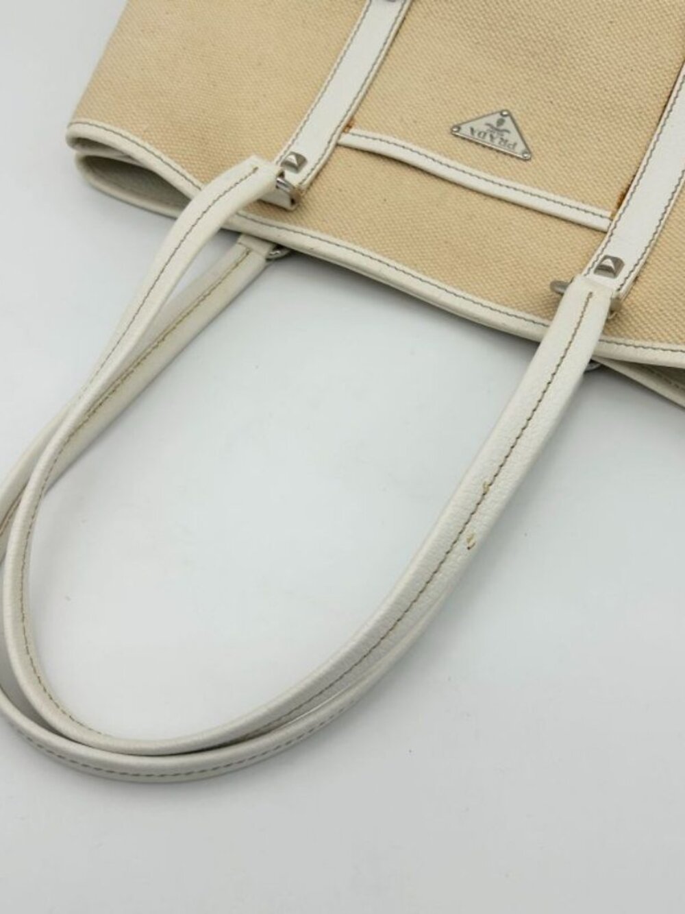 Prada Tote Shoulder Triangle Plate Logo Canvas Leather Beige - Picture 15 of 16